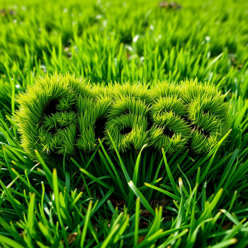 Generate an image of stylized grass text with vibrant green colors overlaid on a realistic grassy background, using a DSLR camera at f/2.8, 1/250s shutter speed, ISO 100, shot from a low angle to capture texture and depth.