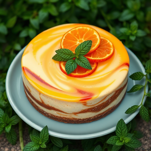 Create an image of a beautifully decorated cheesecake featuring a glossy orange glaze topped with caramelized orange slices and fresh mint leaves on a light blue plate. The cake has a graham cracker crust and a swirled marbled design on the surface, surrounded by greenery in the background.
