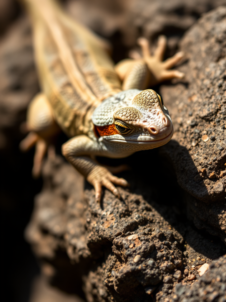 Close-up of a lizard resting on a textured rock, 50mm f/2.8 lens, ISO 100, aperture priority mode, natural light, macro photography, DSLR camera, shallow depth of field to emphasize the lizard's features.