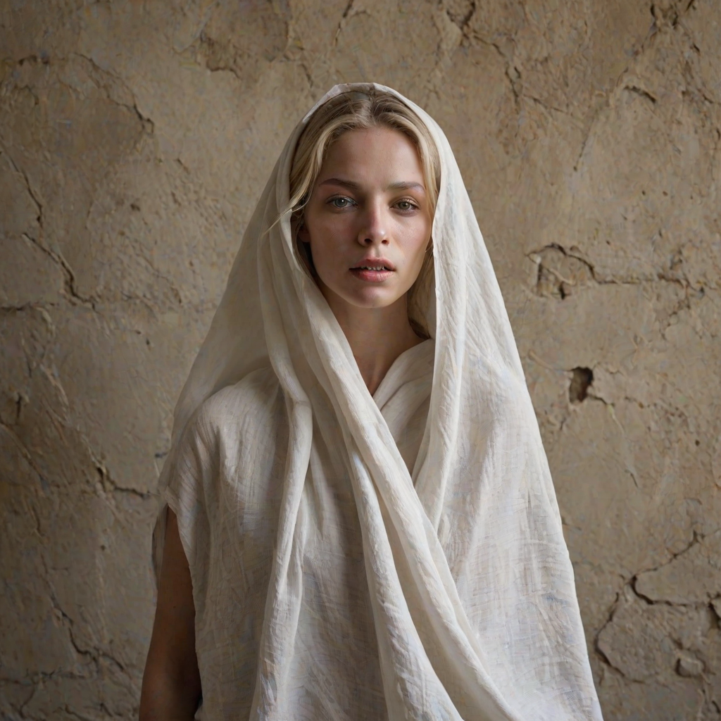 Create a close-up photographic image of a Caucasian woman with light skin tones shown against an old, worn wall. Their head is wrapped in a white cloth covering (i.e.... parts of the head except the nose and mouth, which are open as if they are screaming...), with a slight texture and visible folds in the fabric. Thin strands of blonde hair escape from the wrapping above, falling lightly at the top and sides. Their hands hold the fabric as if they are tugging nervously. The lighting is dramatic and even, casting strong shadows. The image has a minimalist and surreal style with an emphasis on simplicity with soft color tones. The composition is centered.