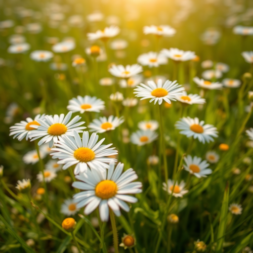 a vibrant meadow filled with blooming white daisies under soft natural light, shallow depth of field, ISO 200, f/2.8, 1/200 sec, 50mm lens, DSLR camera, taken from a low angle to emphasize the flowers in the foreground