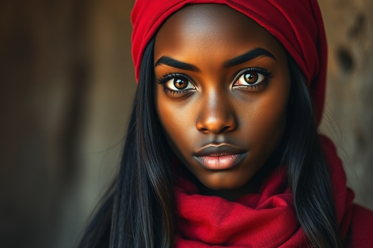 Create a portrait of a young African American woman with long, dark hair and captivating hazel eyes. She is wearing a red headscarf and a matching scarf draped gracefully around her neck. The background is softly blurred, focusing attention on her serene and natural expression. The overall color palette is muted and warm, enhancing the intimate and authentic feel of the portrait.