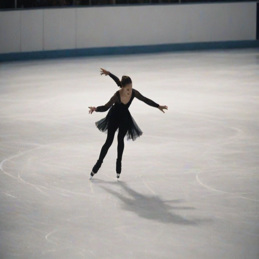 Blurry action shot of a figure skater spinning on the ice, their silhouette captured in motion, distant spectators watching in awe, soft light from arena spotlights reflecting off the ice, and the sound of blades cutting through the rink.