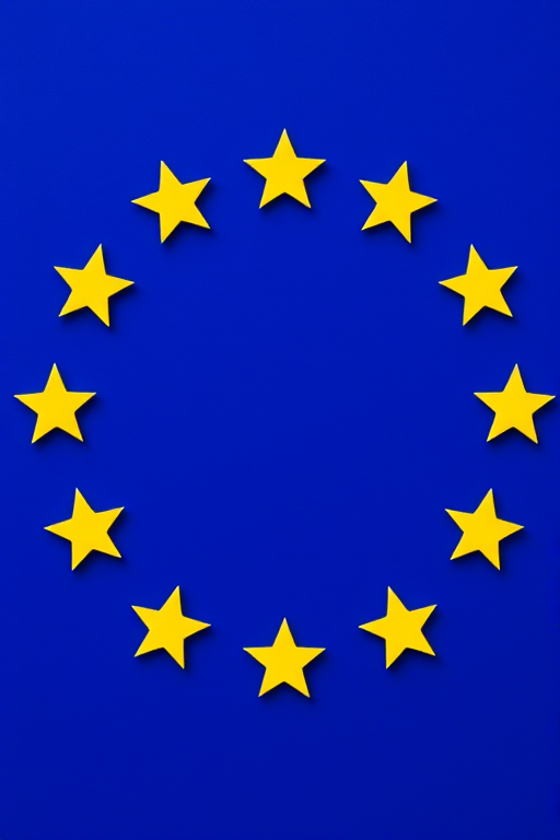 Create an image of a circular arrangement of twelve yellow stars on a blue background that resembles the European Union flag, captured with a Canon EOS 5D Mark IV using a 50mm lens at f/8, ISO 100, with a focus on vibrant colors and high contrast, ensuring sharp detail and clarity in the stars and background.