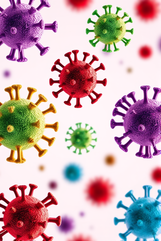 create a colorful illustration of virus particles in a grid layout with six different colors including purple, red, green, brown, blue, and teal, using a DSLR camera with a 50mm lens, f/2.8 aperture, and a shallow depth of field for enhanced detail and focus on each particle, bright lighting for vibrancy, and high-resolution settings to ensure clarity and sharpness.