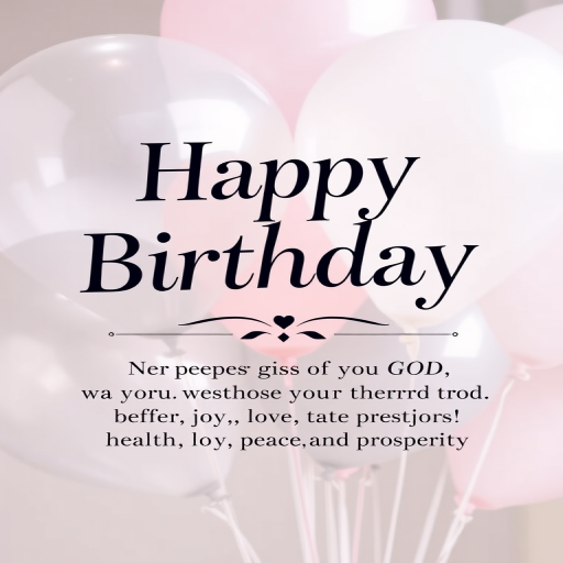 Create a birthday greeting card design with elegant typography that says Happy Birthday in a stylish font. Include a heartfelt message wishing the recipient blessings from God, emphasizing health, love, joy, peace, and prosperity. Use a soft color palette with silver and pastel balloons in the background to enhance the celebratory theme.