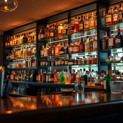 Create a high-resolution image of a modern bar with shelves filled with various liquor bottles, captured at a 35mm lens, aperture f/2.8, ISO 100, in a soft warm light setting to enhance reflections and details.
