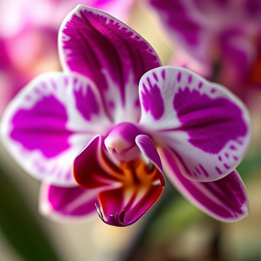 Macro shot of a vibrant orchid flower with rich purple and white petals, soft bokeh background, natural light, aperture f/2.8, shutter speed 1/250s, ISO 100, DSLR camera.