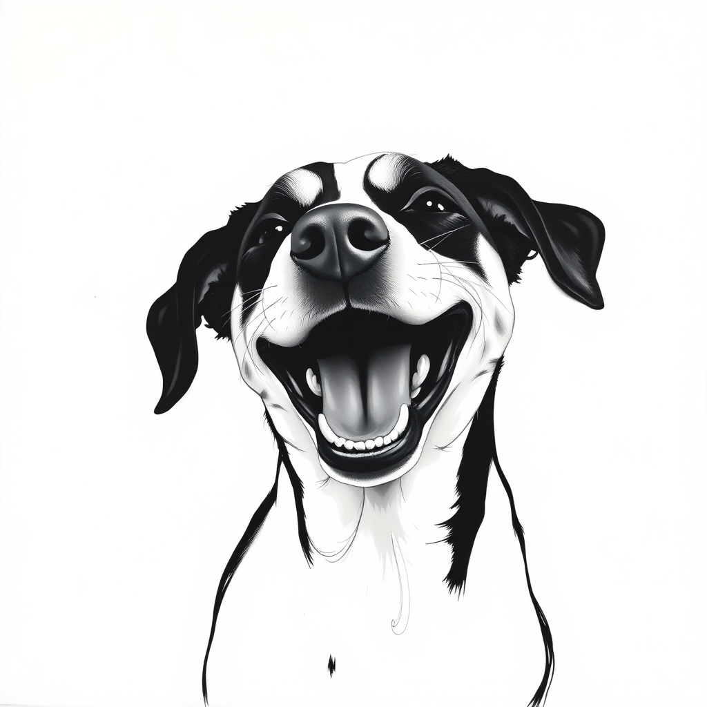 Abstract black and white acrylic portrait of an over exaggerated laughing (dog). Minimalism style. White background.