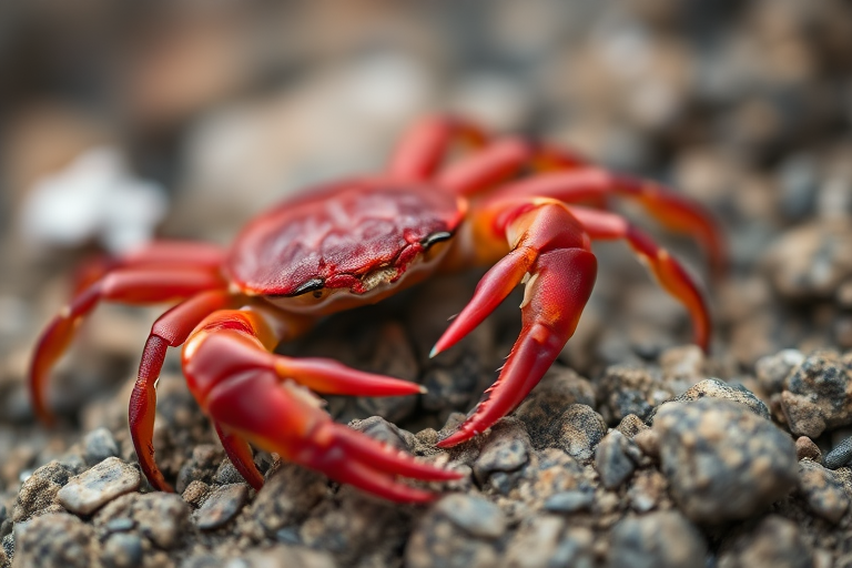macro shot of a red crab on a textured rock surface with sharp focus, f/11, ISO 100, 1/200s, natural light, DSLR camera, close-up perspective