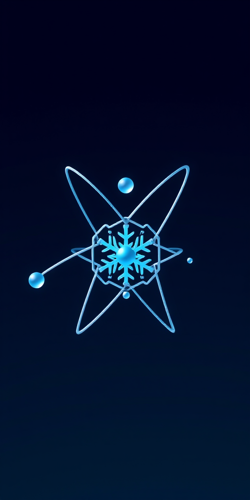 Create a high-resolution vector graphic of an atom with a snowflake motif at the center, featuring smooth, clean lines and a minimalist style, captured with a DSLR camera at f/2.8, 1/60s exposure, ISO 100, using a macro lens for detailed focus, in a soft light studio setting.