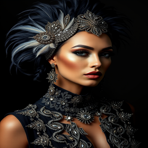 Regenerate an image of a glamorous woman with intricate feathered headpiece and detailed metallic embellishments on her outfit, using a Canon EOS R5 with a 50mm lens, aperture at f/1.8, ISO 100, and a softbox lighting for enhanced details and smooth skin texture, shot in portrait orientation against a dark background.