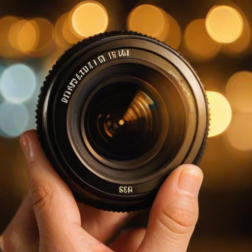 a hand holding a camera lens with a shiny circular glass in the center surrounded by golden bokeh lights in the background
