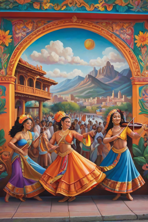 Vibrant mural depicting a cultural celebration, featuring dancers in traditional attire, musicians playing instruments, and colorful decorations enhancing the scene, set against a city backdrop.