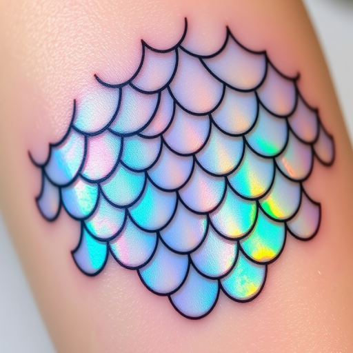 Iridescent holographic tattoo titled "Prismatic Scales" featuring a pattern of overlapping fish scales that appear to shimmer and change color as light hits them from different angles, creating a mesmerizing effect that mimics the natural iridescence found in nature, with subtle gradients and fine linework enhancing the illusion of depth and movement
