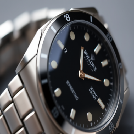 close-up of a luxury stainless steel watch with a black dial and bezel, shallow depth of field, soft lighting, 50mm lens, f/1.8 aperture, ISO 100, shot with a DSLR camera from a 45-degree angle for enhanced texture and detail