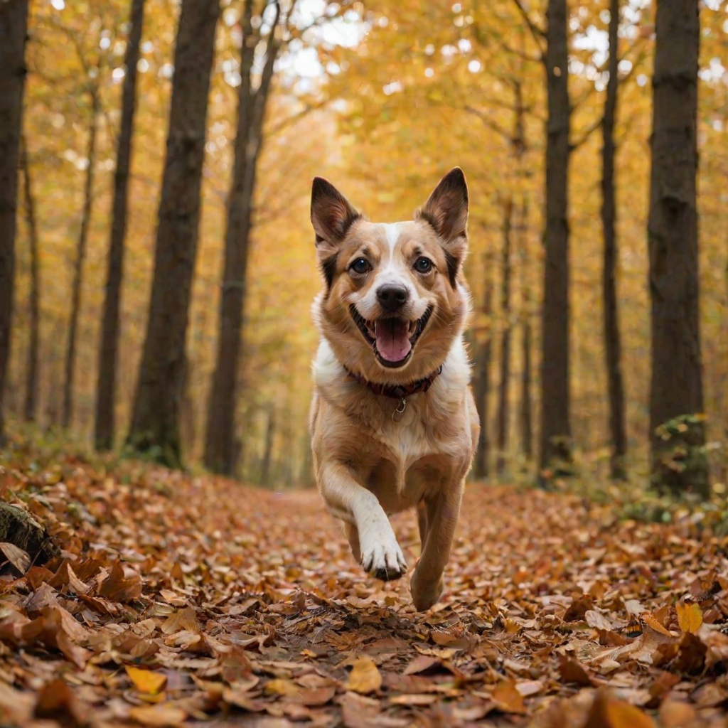 A happy dog running through a forest path during autumn with vibrant leaves, captured with a DSLR camera, 50mm lens, f/2.8 aperture, ISO 200, shutter speed 1/500s, low angle view, soft focus background for dramatic effect.