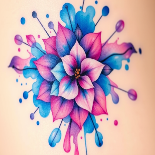 Vibrant watercolor splash tattoo named "Chromatic Cascade" featuring a burst of vivid blues, purples, and pinks blending seamlessly into each other, creating an abstract floral pattern with delicate petals and leaves. The design incorporates subtle white highlights to enhance the three-dimensional effect, giving the impression of paint dripping and flowing across the skin. This style is characterized by its soft edges, translucent layers, and dynamic movement, evoking a sense of fluidity and spontaneity. The tattoo appears to come alive on the skin, with each color seamlessly melting into the next, creating a mesmerizing and ever-changing visual experience. The "Chromatic Cascade" style is perfect for those seeking a unique and expressive form of body art that captures the essence of creativity and free-spirited energy.