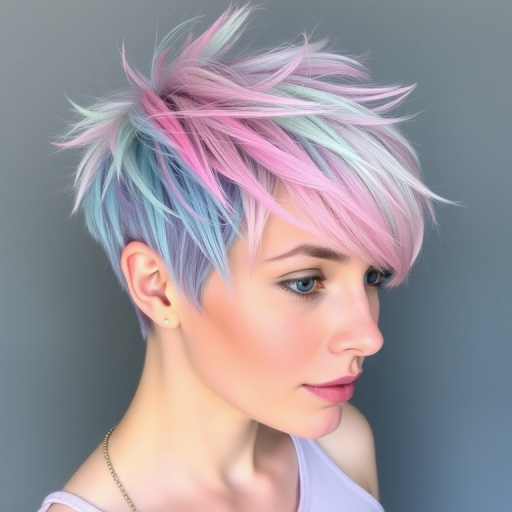 Ethereal beauty sports Pastel Rainbow pixie cut, featuring soft pastel shades of pink, blue, lavender, and mint green expertly blended in a textured, spiky style