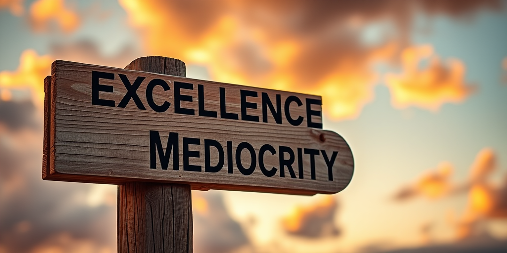 Create an image of a weathered wooden signpost displaying the words "Excellence" and "Mediocrity" in bold, clear letters, set against a sunset sky with clouds, captured with a Canon EOS 5D Mark IV, 50mm lens, f/2.8, ISO 100, at sunset with soft focus to enhance the warm colors and textures.