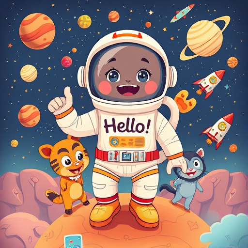 Regenerate a colorful cartoon-style illustration of an astronaut with animal friends in a space theme, featuring planets, rockets, and asteroids, with the text "Hello!" at the center, using a Canon EOS R5 camera, ISO 100, aperture f/4, shutter speed 1/125s, with a wide-angle lens for a vibrant and playful composition.