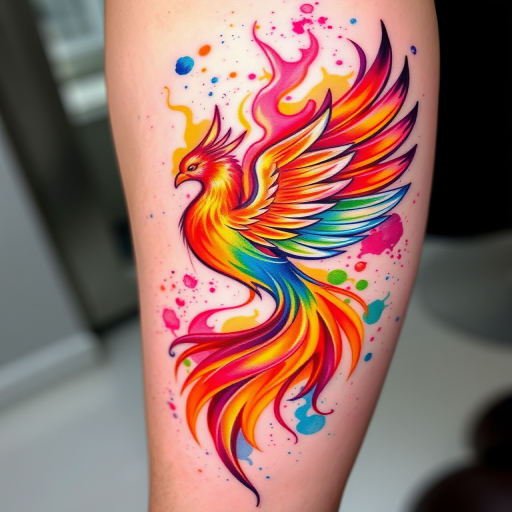 Vibrant watercolor tattoo named "Rainbow Phoenix" featuring a majestic bird rising from swirling flames in a burst of vivid hues, incorporating delicate brushstrokes and splatter effects for a dreamy ethereal appearance