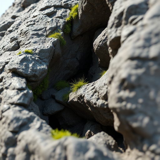 Create a realistic 3D render of a textured rock formation with greenery emerging from its crevices, captured using a Canon EOS R5 with a 50mm f/1.2 lens, aperture set to f/8, ISO 100, and a low-angle view to emphasize depth and detail, in natural light for enhanced color vibrancy and shadow contrast.