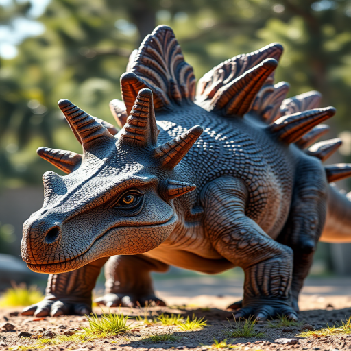 Create a highly detailed illustration of a Stegosaurus with intricate textures and shadows, captured in soft natural light, using a DSLR camera at f/8 aperture, ISO 200, and a 50mm lens from a low angle to emphasize its features.