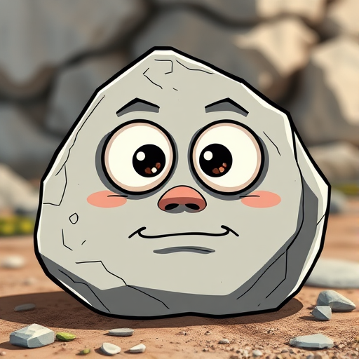 Create a cartoon-style illustration of a rock with large googly eyes and exaggerated facial features, using a soft focus lens, 35mm focal length, and natural lighting to enhance depth and color vibrancy.