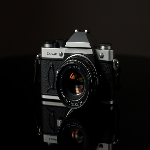 Vintage camera on a dark reflective surface, soft lighting to highlight texture, settings: ISO 100, aperture f/2.8, shutter speed 1/60, focal length 50mm, shot from a low angle for dramatic effect, using a full-frame DSLR camera with a prime lens for sharpness.