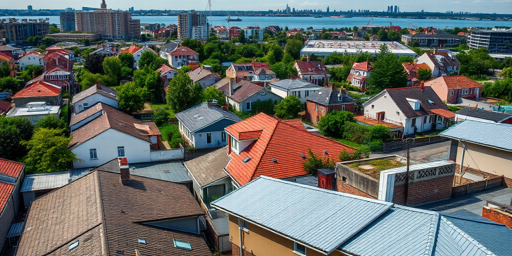 Urban landscape photography of a waterfront cityscape with residential buildings and roofs, taken from a high vantage point, using a Canon EOS R5, 24mm lens, f/8 aperture, ISO 100, 1/200 sec shutter speed, in natural daylight with vibrant colors.