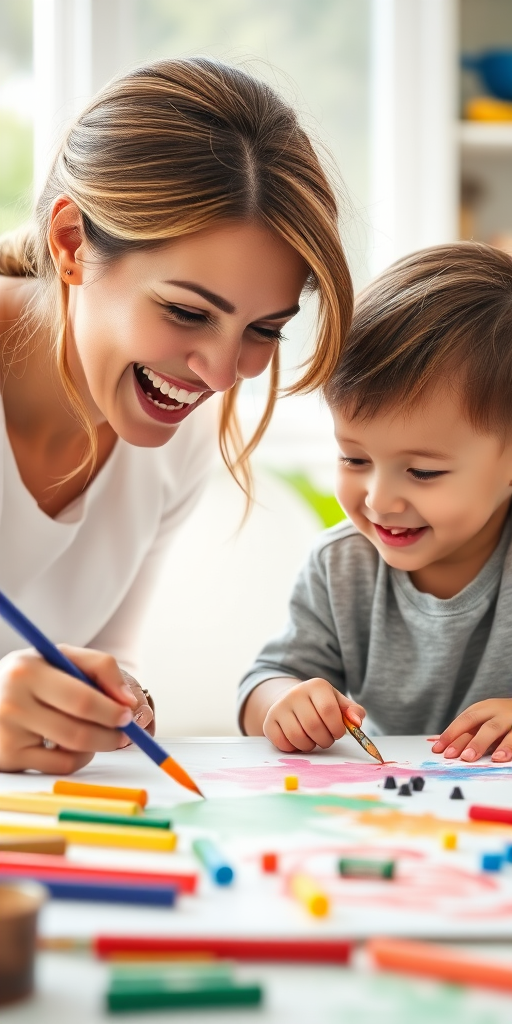 A joyful mother and her young son exploring creativity together at a colorful art table, natural light, f/2.8, ISO 200, 50mm lens, soft focus background, candid shot, DSLR camera.