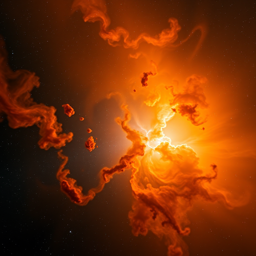 high-resolution image of a vibrant cosmic nebula with swirling clouds of orange and golden hues, taken with a Canon EOS R5, 24mm lens, f/2.8 aperture, ISO 800, 1/100s shutter speed, in astrophotography style, with a wide-angle view to capture the expansive depth of space