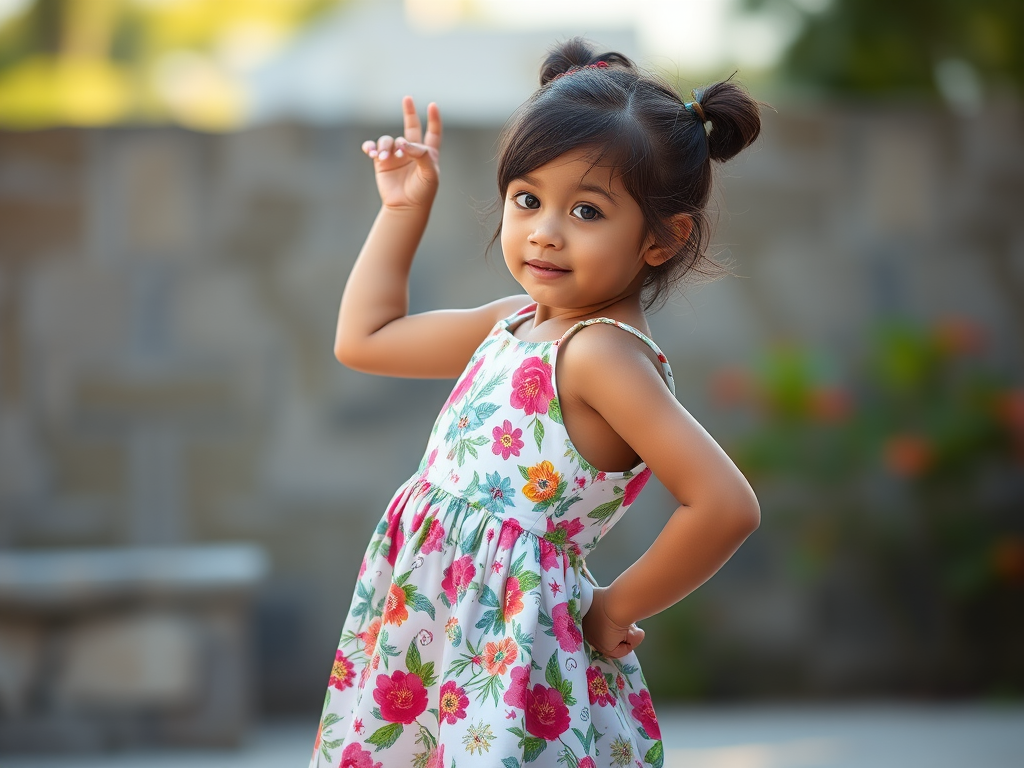 Create a high-resolution image of a young girl in a floral dress poised in a playful stance, using a Canon EOS 5D Mark IV, 50mm lens, f/1.8, ISO 100, soft natural lighting from the side, focused on the subject with a slight bokeh effect in the background.