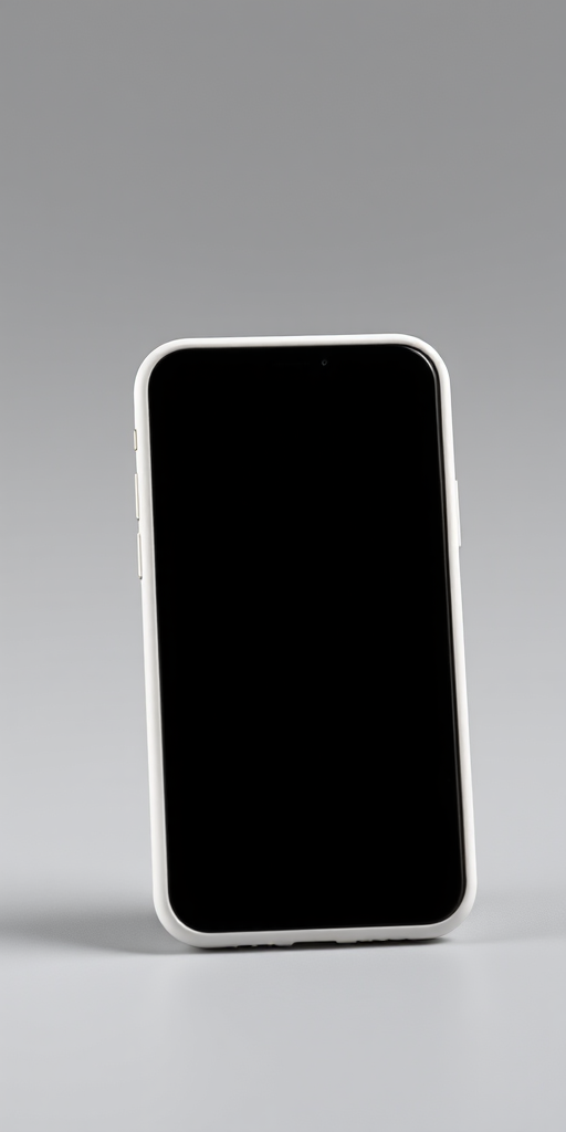 high-quality product shot of a smartphone with a blank screen and a matte white case on a neutral grey background, using a 50mm lens, f/1.8 aperture, ISO 100, 1/125 sec shutter speed, soft lighting setup, DSLR camera