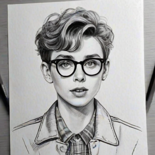 Bewitching Troye Sivan, pencil sketch, portrait of Charming woman 1960s in glasses, hair style beatnik, outline, clear lines, fine lines, 8k