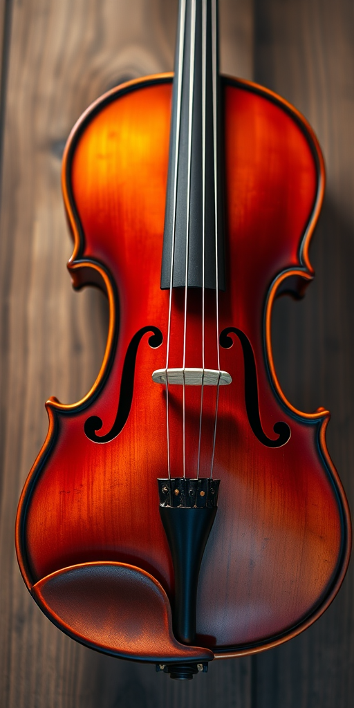Capture a high-resolution image of a vintage violin from a frontal view, using a DSLR camera with a 50mm lens, aperture set to f/2.8 for a shallow depth of field, ISO 100 for optimal light sensitivity, and a shutter speed of 1/125s to prevent motion blur, ensuring a clean, detailed background for enhanced focus on the instrument.