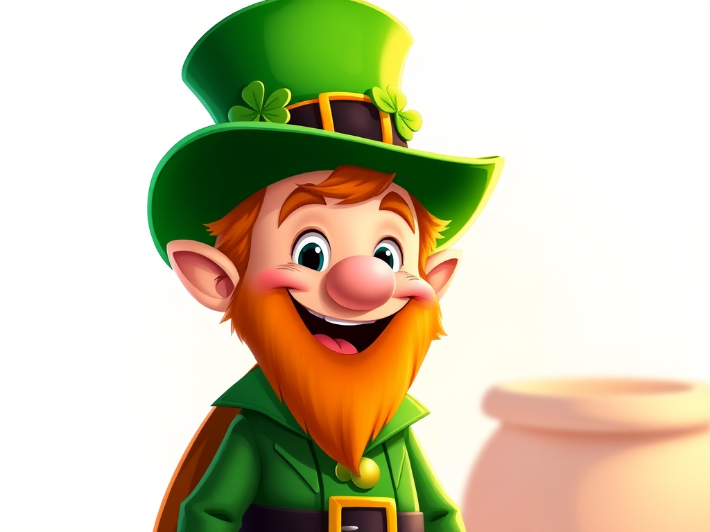 Create a high-resolution digital illustration of a cheerful leprechaun character wearing a green hat with a shamrock, standing against a bright background, using a digital camera with a 50mm lens, f-stop at 2.8, ISO 100, and soft lighting to enhance colors and details.