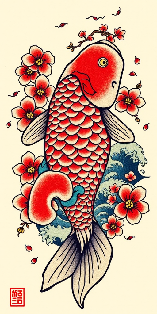 Japanese-inspired koi fish tattoo with dynamic movement and vibrant scales, surrounded by cherry blossoms and traditional wave patterns, symbolizing perseverance and strength in a bold, colorful style
