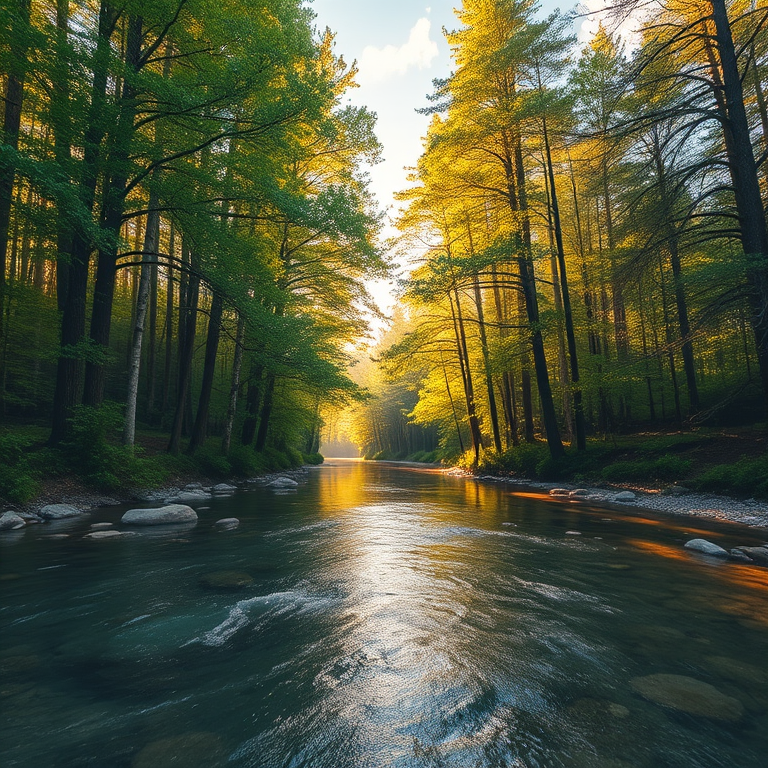 Create an image of a serene, sunlit forest scene with a clear, gently flowing river. Tall trees with lush green foliage line both sides of the river, their leaves bathed in the warm golden light of the setting or rising sun. The sunlight filters through the trees, casting soft, dappled light on the river, which flows over smooth rocks and pebbles, creating a peaceful, natural atmosphere. The sky is bright with a few scattered clouds, and the overall mood is tranquil, evoking a deep sense of connection with nature. The image captures the beauty of a calm, pristine forest landscape at either dawn or dusk.