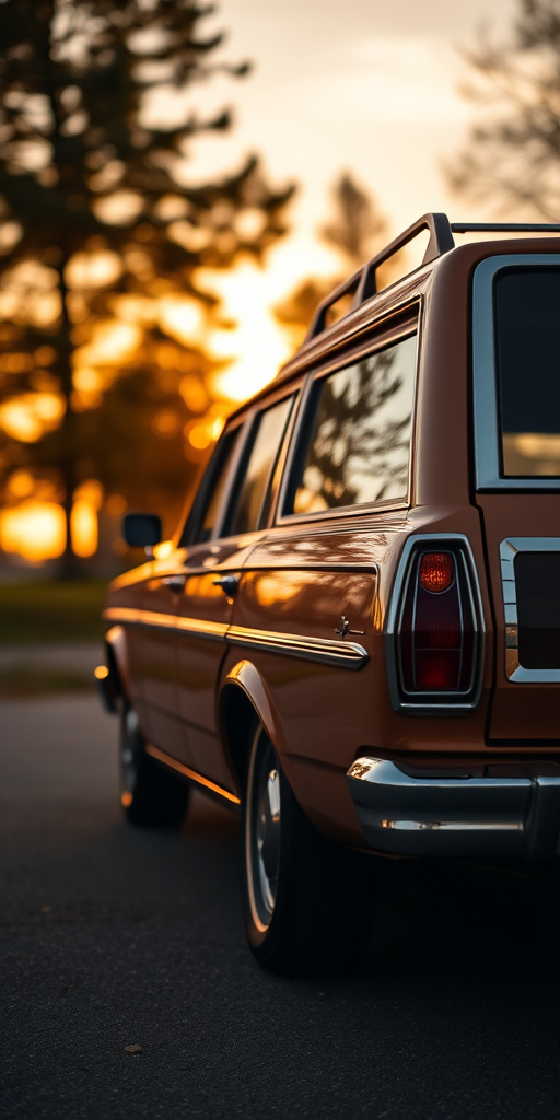 Regenerate the image of a classic station wagon parked at sunset, focusing on the distinct features of the vehicle with a shallow depth of field, using a Canon EOS R5 with an 85mm f/1.2 lens, aperture set to f/2.8, ISO 100, shutter speed 1/200 sec, shot from a low angle to emphasize the car's profile and surroundings.