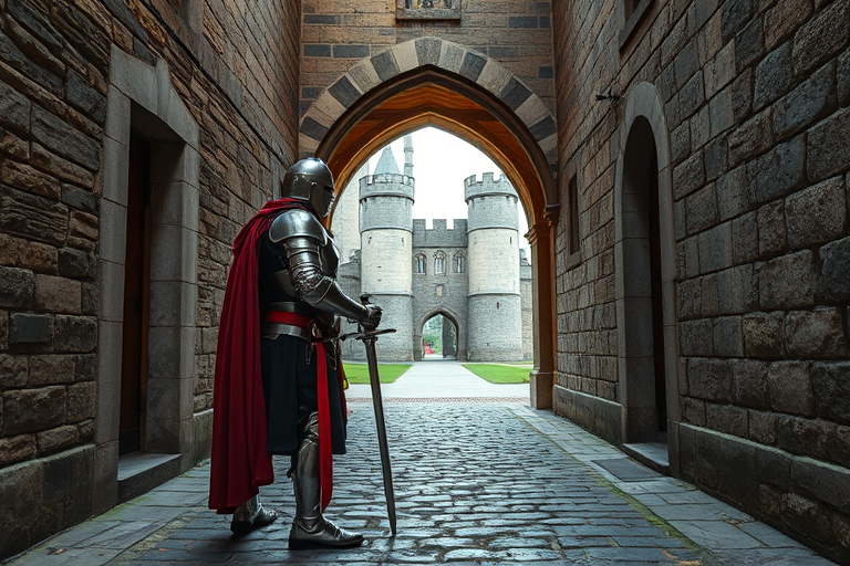 regenerate an image of a medieval knight in armor standing in a cobblestone alleyway with an archway leading to a castle, vibrant colors, sharp details, shot with a DSLR camera at f/8 aperture, ISO 100, 50mm focal length, natural lighting, and a high dynamic range for enhanced image quality