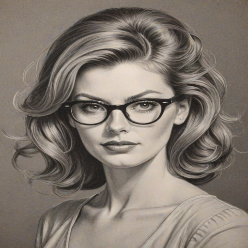 Bewitching Diora Baird, pencil sketch, portrait of Bewitching woman 1956s in glasses, hair style beatnik, outline, clear lines, fine lines, 8k
