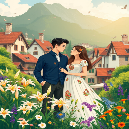 Regenerate an illustration of a couple in a picturesque village, featuring a vibrant floral border with lilies and wildflowers, using a DSLR camera, 50mm lens, f/2.8 aperture, ISO 100, natural lighting, and high-resolution settings.