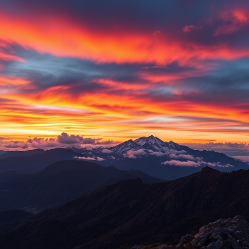 Create a high-resolution image of a vibrant sunset over a mountain landscape, with rich colors and dramatic clouds, captured using a Canon EOS 5D Mark IV, 24mm lens, aperture f/8, ISO 100, and a shutter speed of 1/125 sec, in landscape orientation.