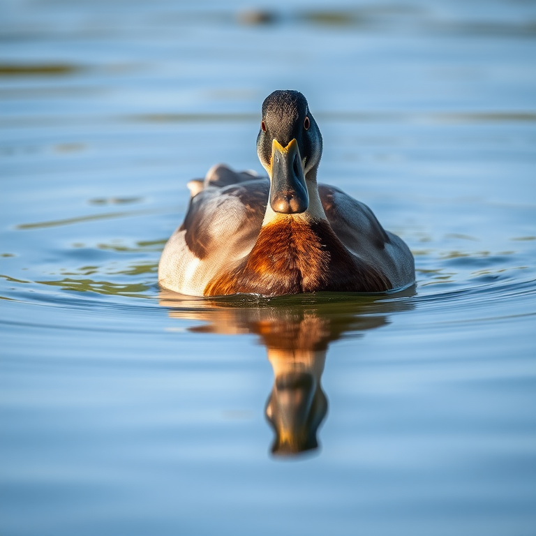A close-up shot of a duck swimming gracefully on calm water, capturing its reflection clearly, taken with a Canon EOS 5D Mark IV, 85mm lens, aperture f/4, shutter speed 1/250 sec, ISO 200, natural soft lighting.