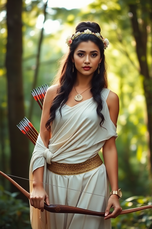 Create a portrait of a goddess-like Mapuche girl figure in a tranquil, forested environment. She has an elegant appearance with long, wavy hair styled in an updo and adorned with a delicate, floral headband. She wears a flowing, ancient Greek-inspired gown in a soft, pale color, featuring a one-shoulder design and draped fabric that accentuates her graceful form. The outfit includes a decorative belt with ornate gold detailing, and she holds a bow in her hand, with a quiver of arrows slung over her shoulder. The background depicts lush greenery, with sunlight filtering through the trees, casting a gentle, ethereal light on the scene. Her expression is calm and contemplative, embodying a sense of wisdom and serenity.