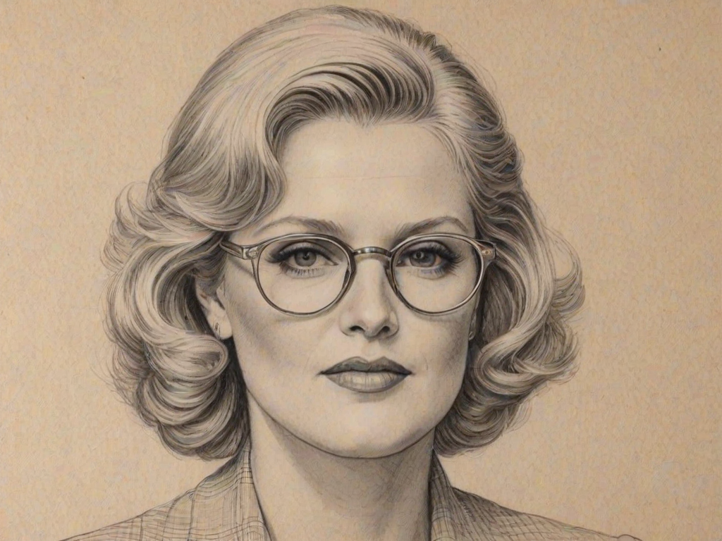 Enchanting Sharon Gless, pencil sketch, portrait of Beauteous woman 1939s in glasses, hair style beatnik, outline, clear lines, fine lines, 8k