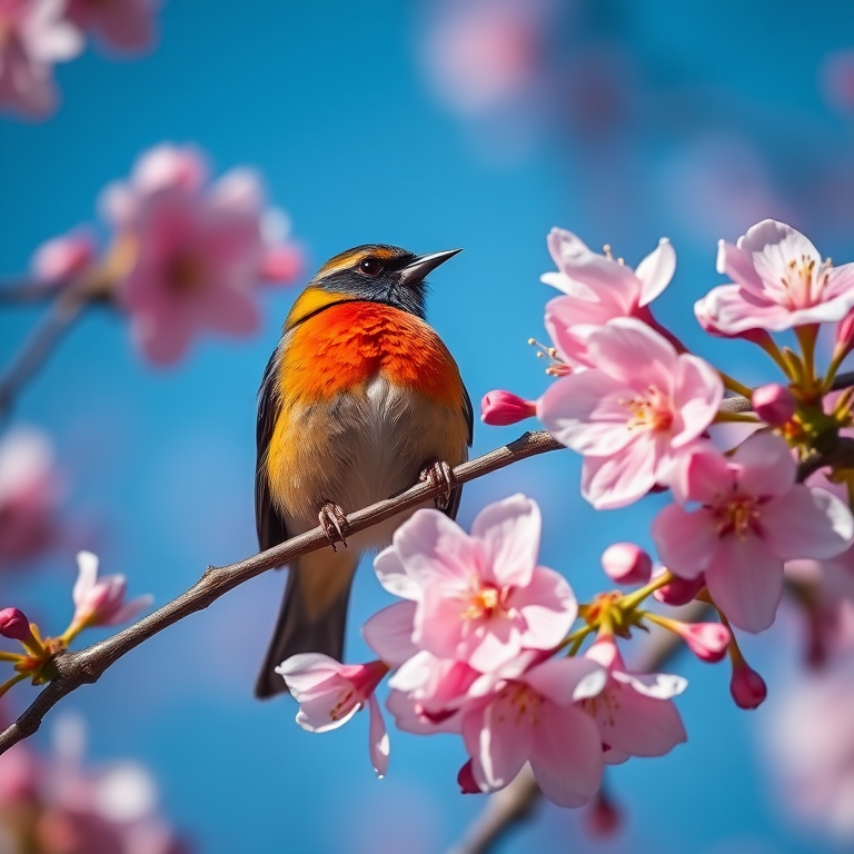 A vibrant bird perched among blooming cherry blossoms, shot with a Canon EOS 5D Mark IV at f/2.8, ISO 100, 1/200s, capturing the delicate pink flowers and blue sky in a shallow depth of field for a dreamy effect.