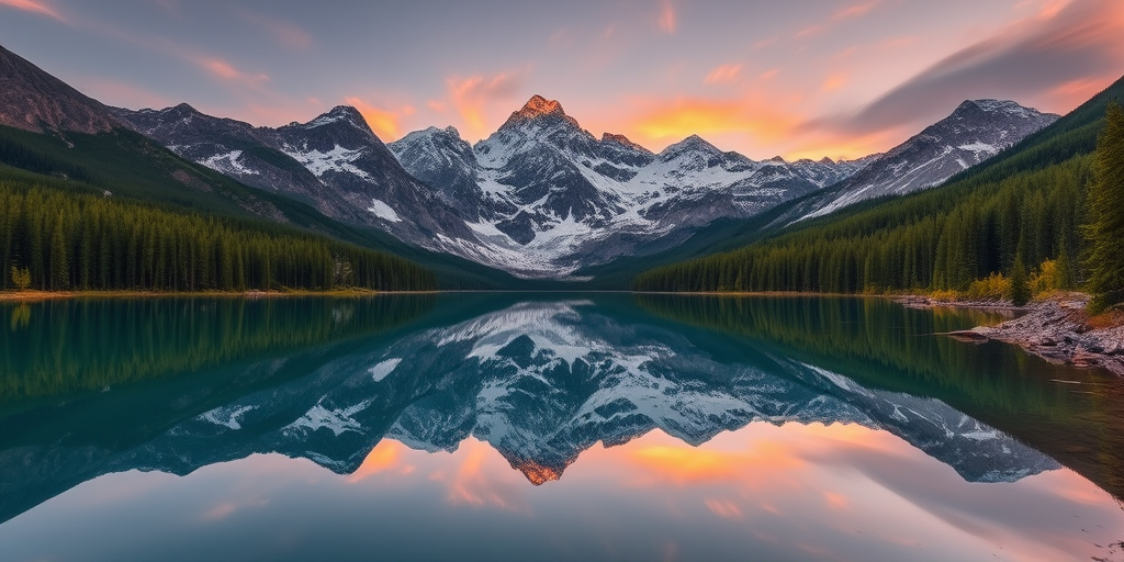 Capture a serene mountain landscape at sunrise, featuring snow-capped peaks reflecting in a tranquil lake, surrounded by vibrant green forests, use a Canon EOS R5, ISO 100, f/8, 1/250s, 24mm wide-angle lens, in natural lighting for enhanced image quality.